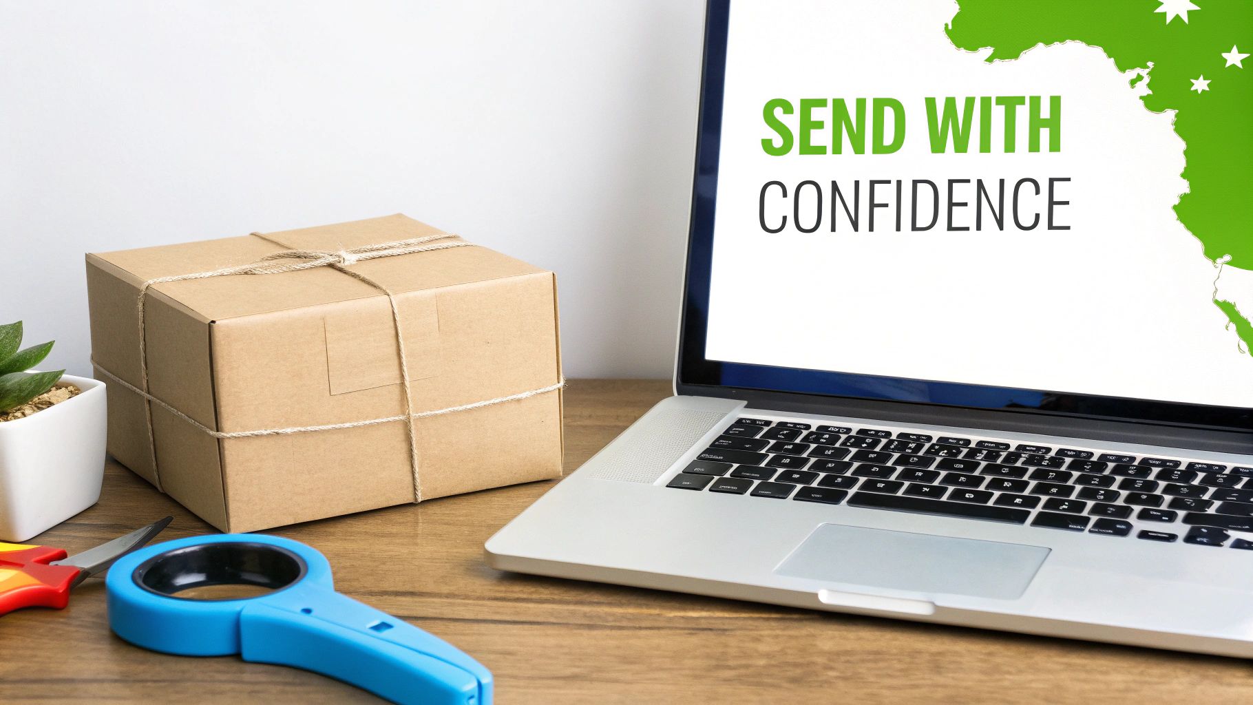 A brown cardboard parcel box, a laptop displaying 'SEND WITH CONFIDENCE', and shipping tools on a desk.