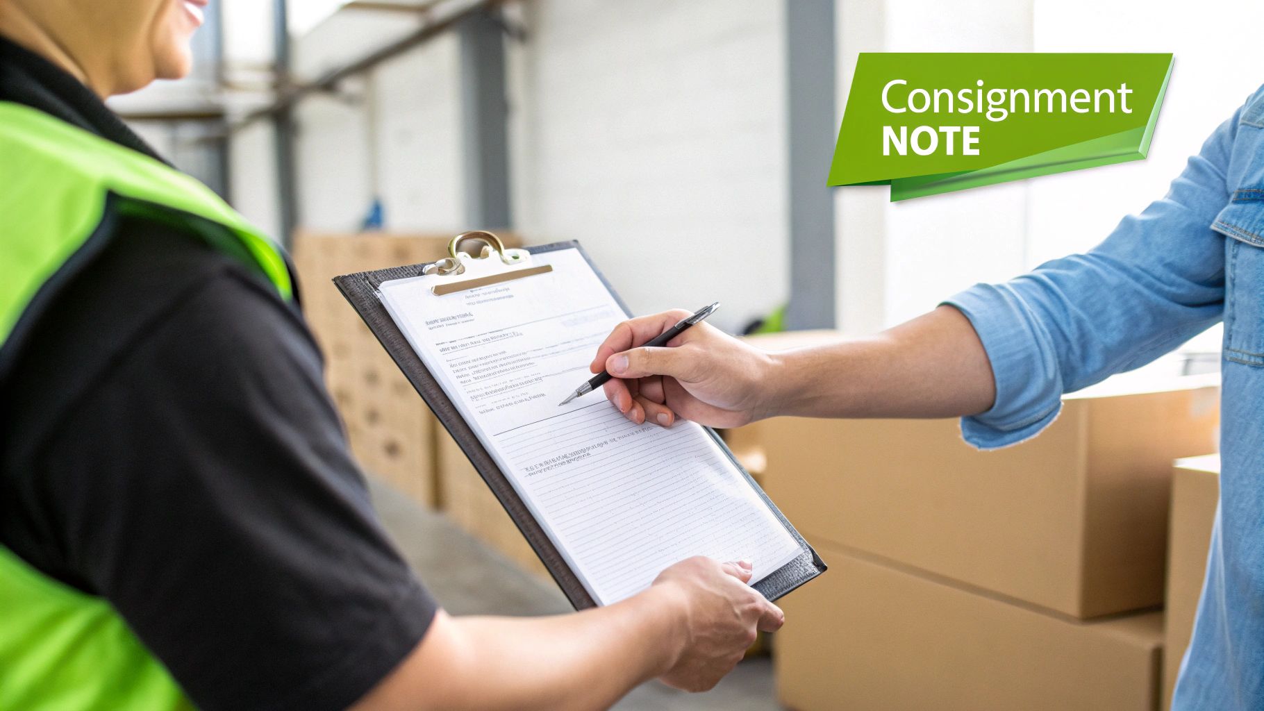 A delivery person in a green vest holds a clipboard as a recipient signs a consignment note in a warehouse.