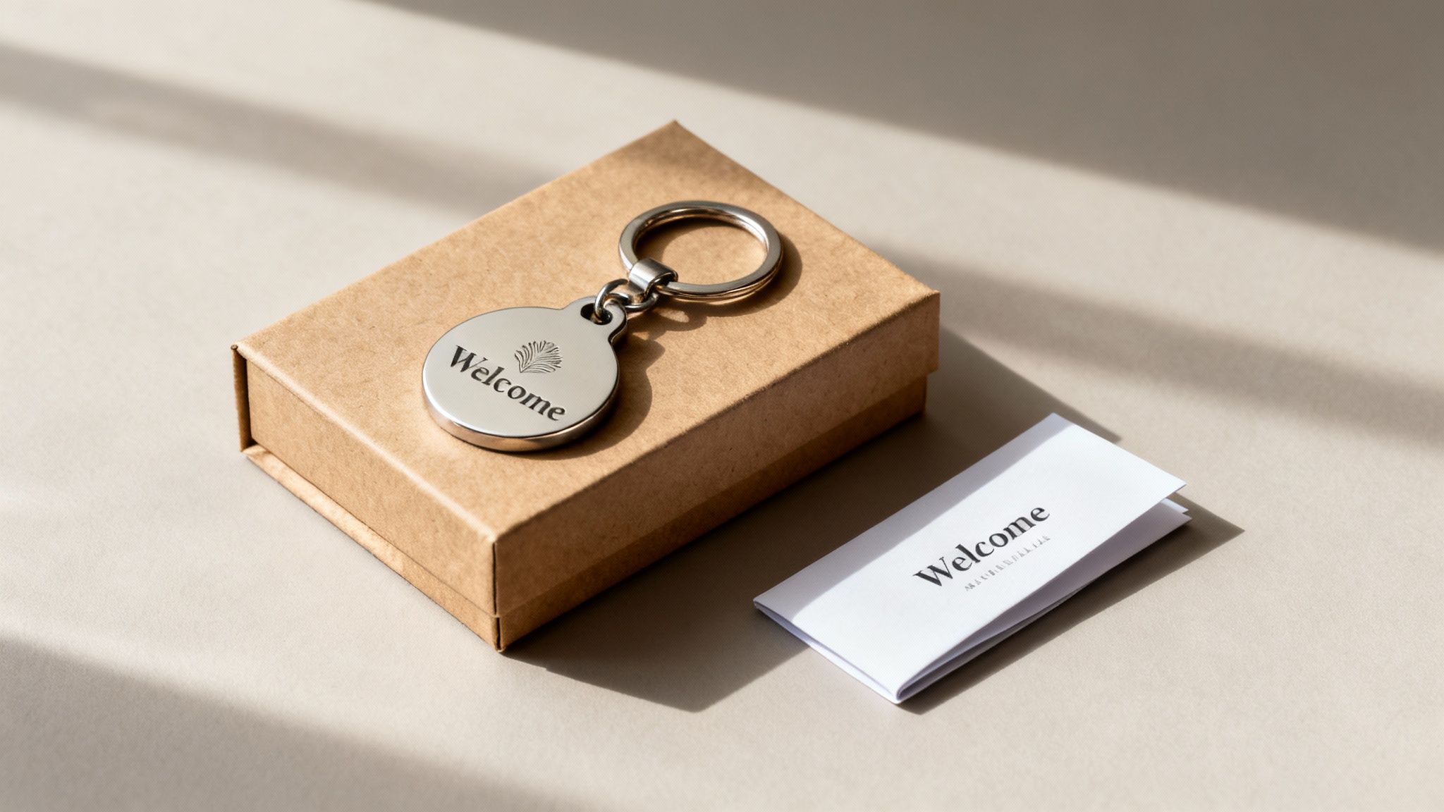 A silver "Welcome" keychain resting on a brown gift box, with a matching welcome card.