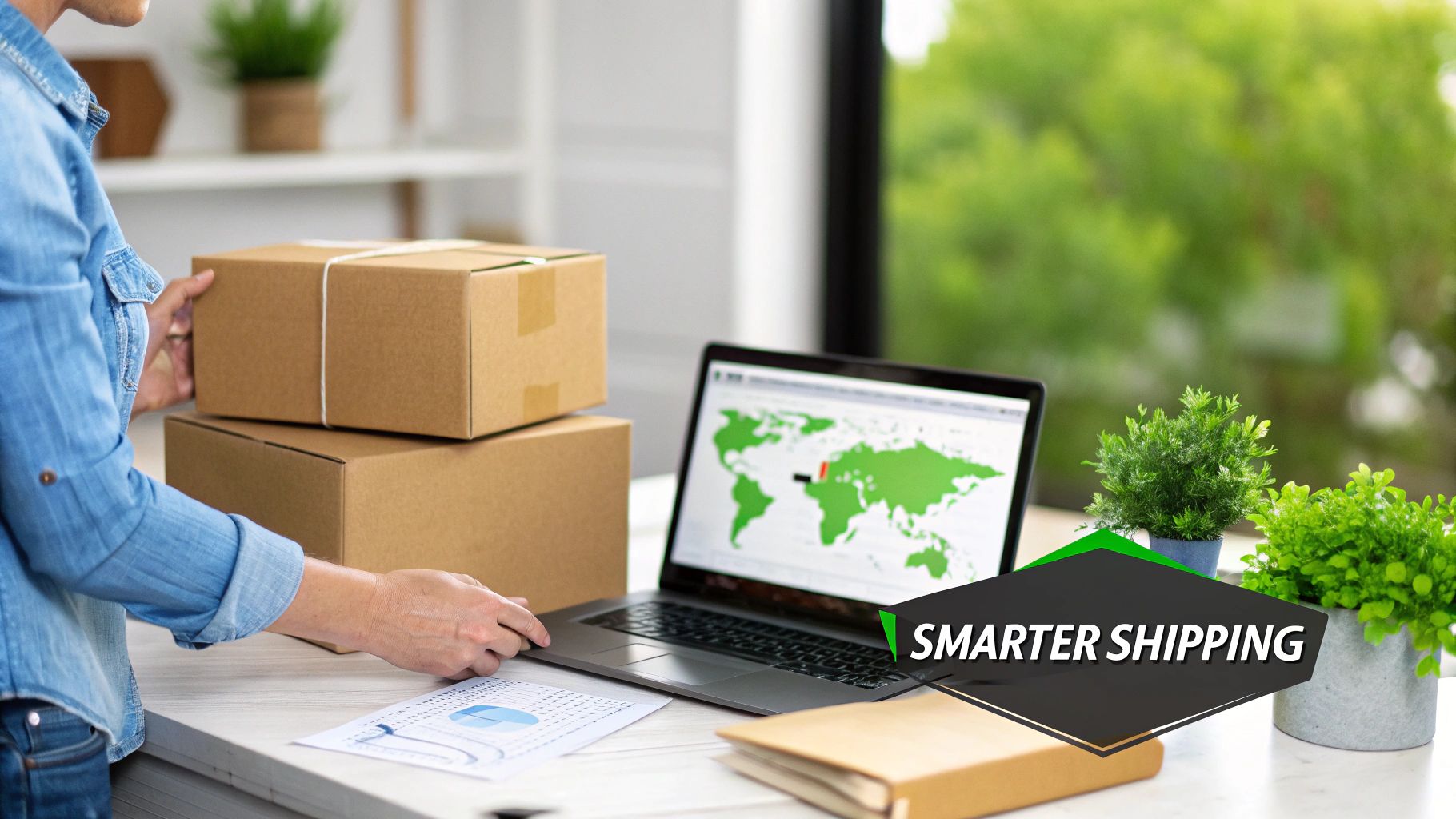 A person prepares cardboard packages for shipping, using a laptop displaying a global logistics map.
