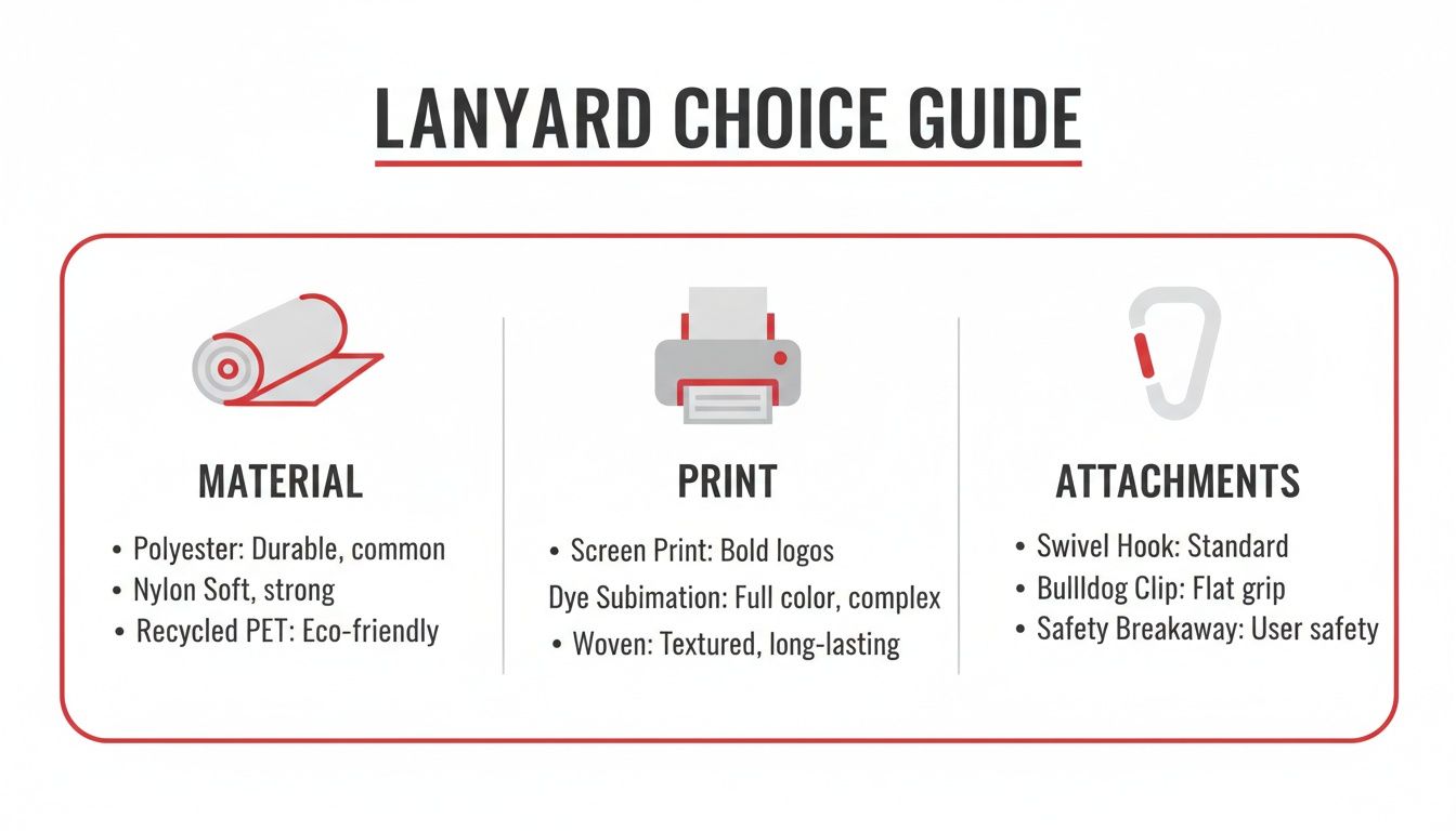 Lanyard choice guide detailing material options like polyester, print types such as screen print, and attachment styles including swivel hooks.