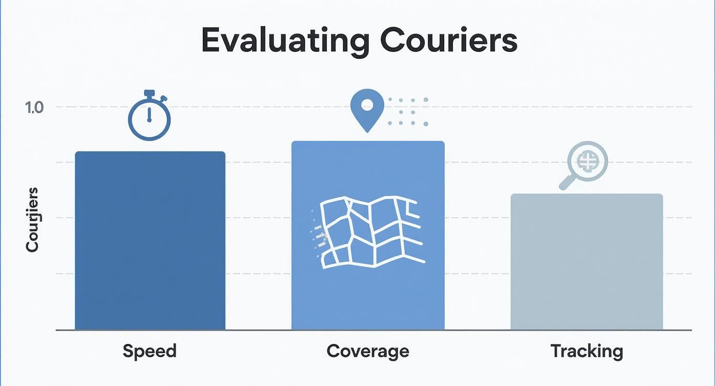 Bar chart evaluating couriers based on speed, coverage, and tracking performance.