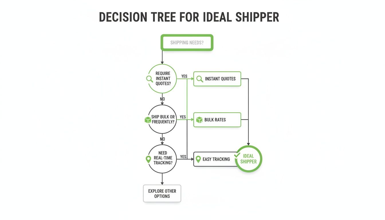 A decision tree flowchart for an ideal shipper based on instant quotes, bulk rates, and easy tracking.