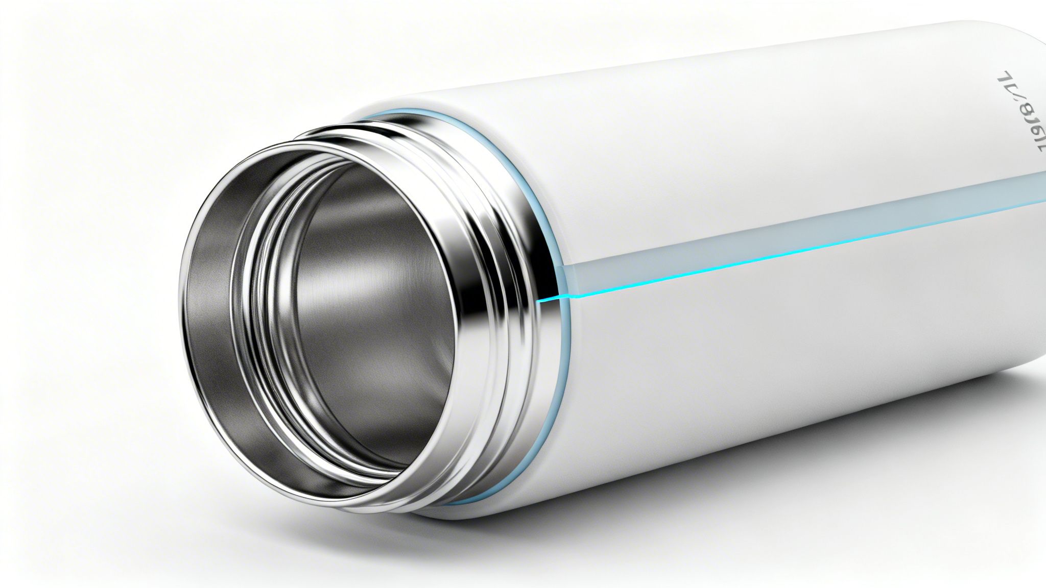 A close-up of a white stainless steel water bottle, showing its metallic interior and blue glowing line.
