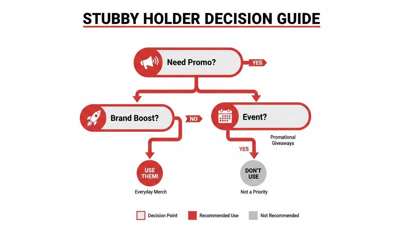 A decision guide flowchart illustrating when to use stubby holders for promotions and branding.