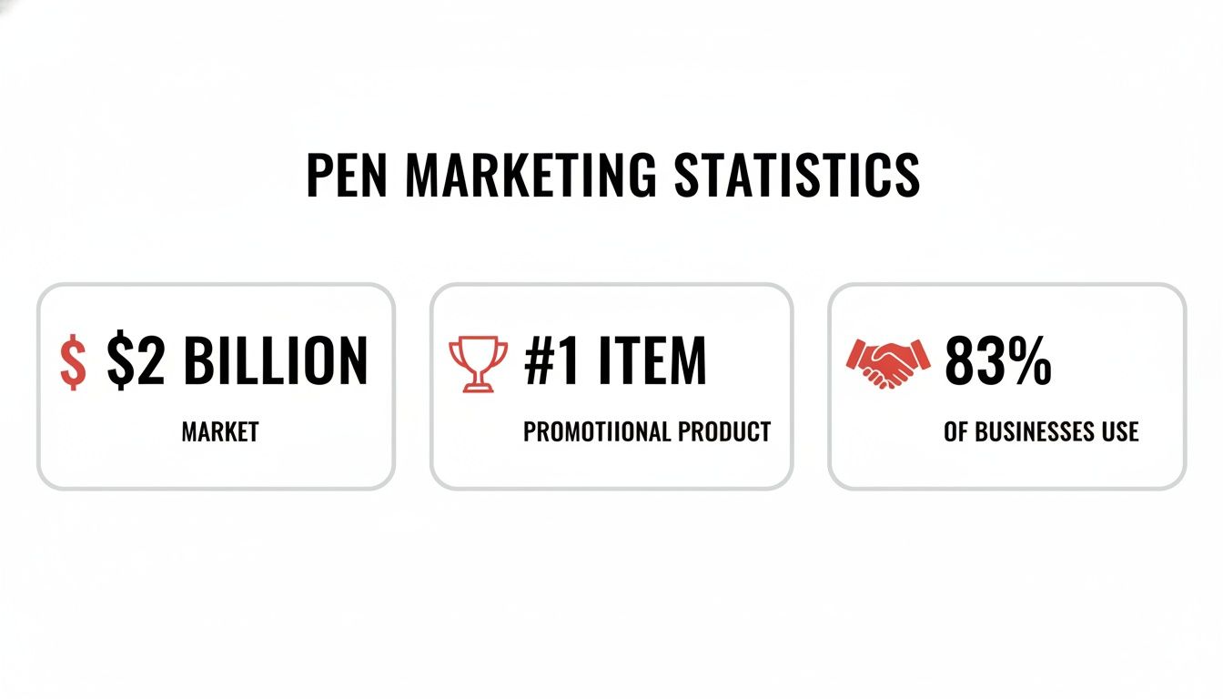 Pen marketing statistics infographic showing a $2 billion market, #1 promotional item, and 83% business usage.