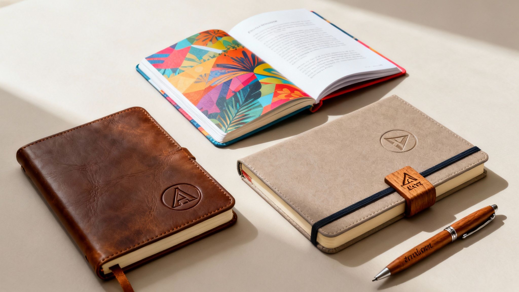 A custom branded notebook with a pen