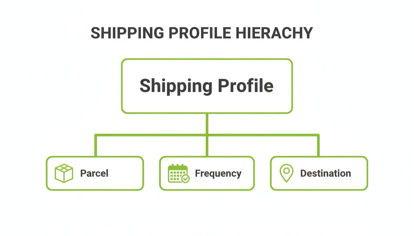 A hierarchy diagram illustrating a shipping profile with its components: Parcel, Frequency, and Destination.