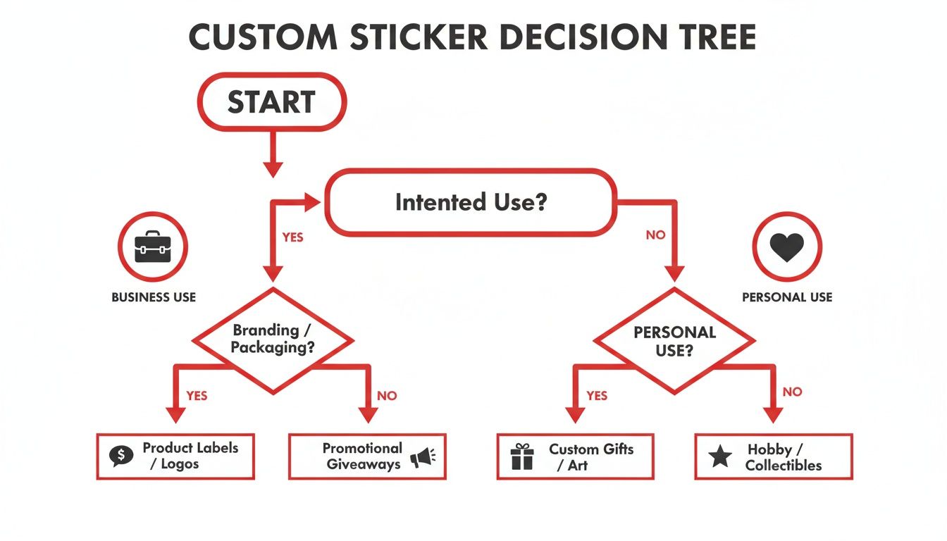 A custom sticker decision tree flowchart illustrating choices for business or personal use applications.