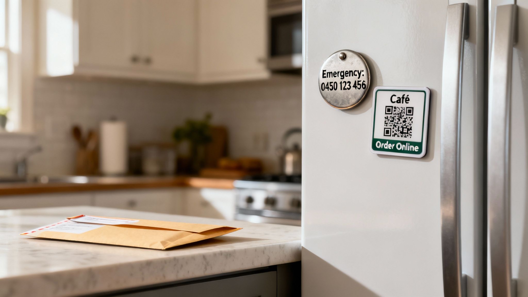 Envelope on a kitchen counter and refrigerator magnets with an emergency number and a cafe QR code.