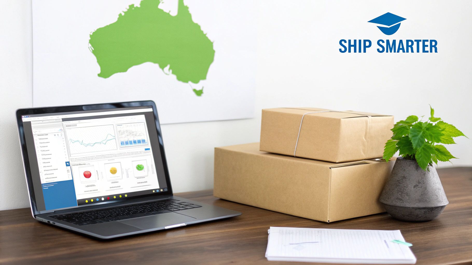 Laptop showing shipping data next to cardboard boxes, a plant, and a map of Australia on a desk.
