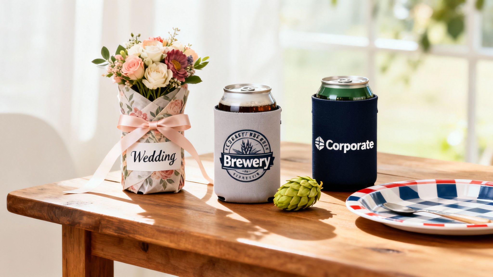 Wedding bouquet, two customized stubby holders for beverages, hop cone, and checkered plate on a wooden table.