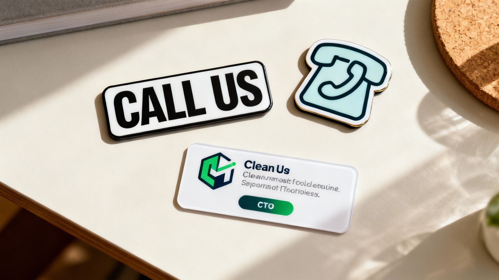 Three white magnets on a table, one reading 'CALL US', another a telephone, and one for 'Clean Us'.