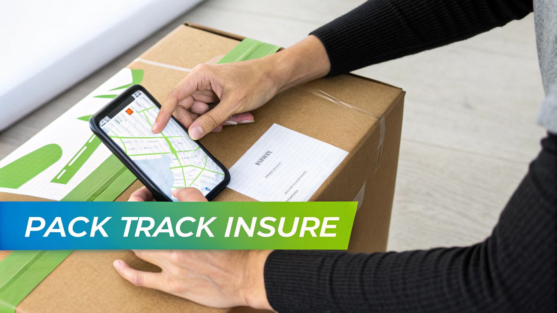 Hands using a smartphone to track a package on a map over a cardboard shipping box.