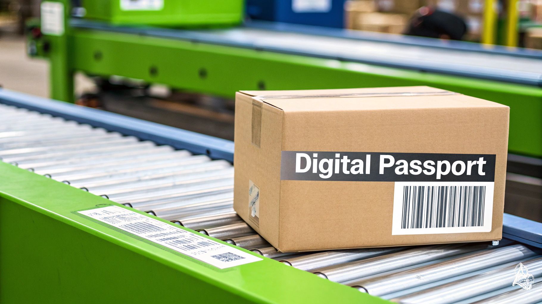 A brown cardboard box with a 'Digital Passport' label and barcode on a green conveyor belt.