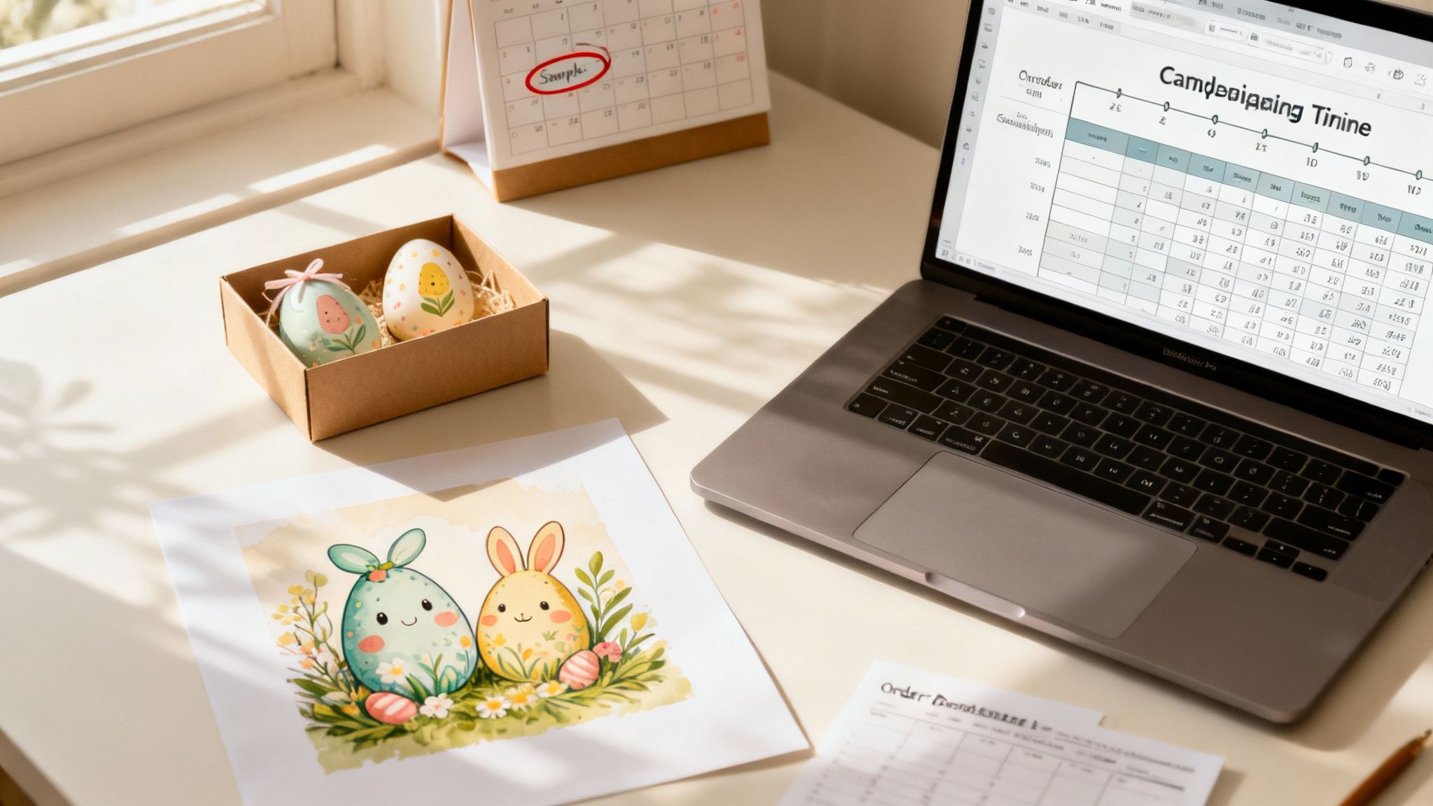 Festive Easter workspace with decorated eggs, a calendar, laptop, and bunny illustration on a sunny desk.
