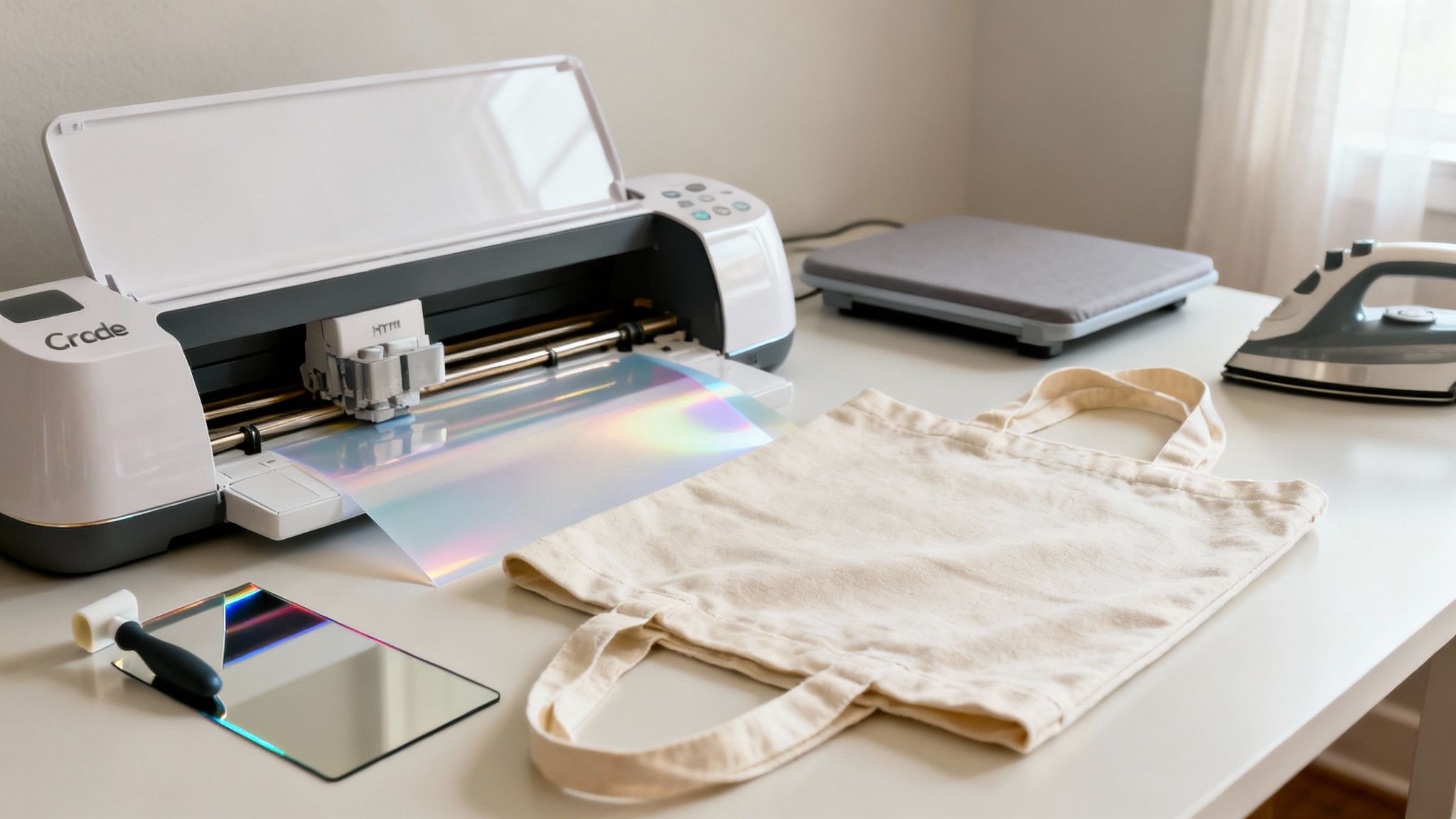 A person using a heat press machine on a white tote bag.