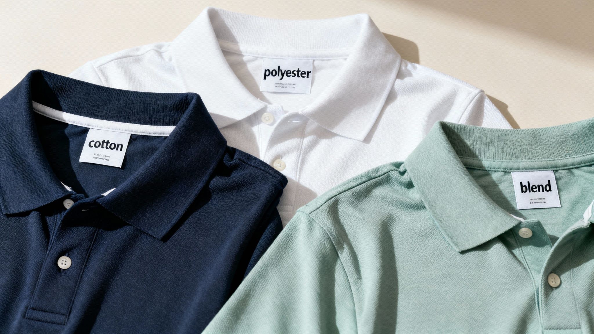 Close-up of three polo shirts: navy cotton, white polyester, and mint blend, showcasing fabric labels.