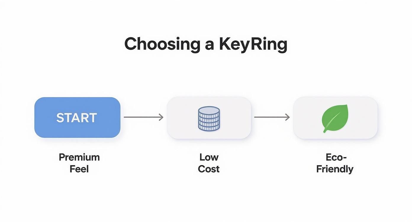 Infographic decision tree for choosing a promotional keyring based on goals like premium feel, low cost, or eco-friendliness.