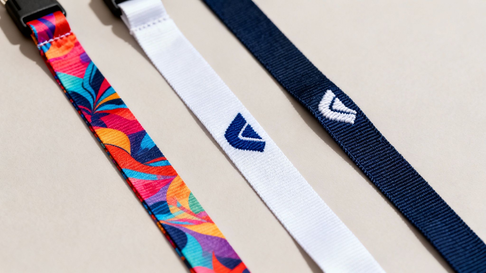 Three fabric lanyards: one with a vibrant abstract pattern, two with embroidered logos.