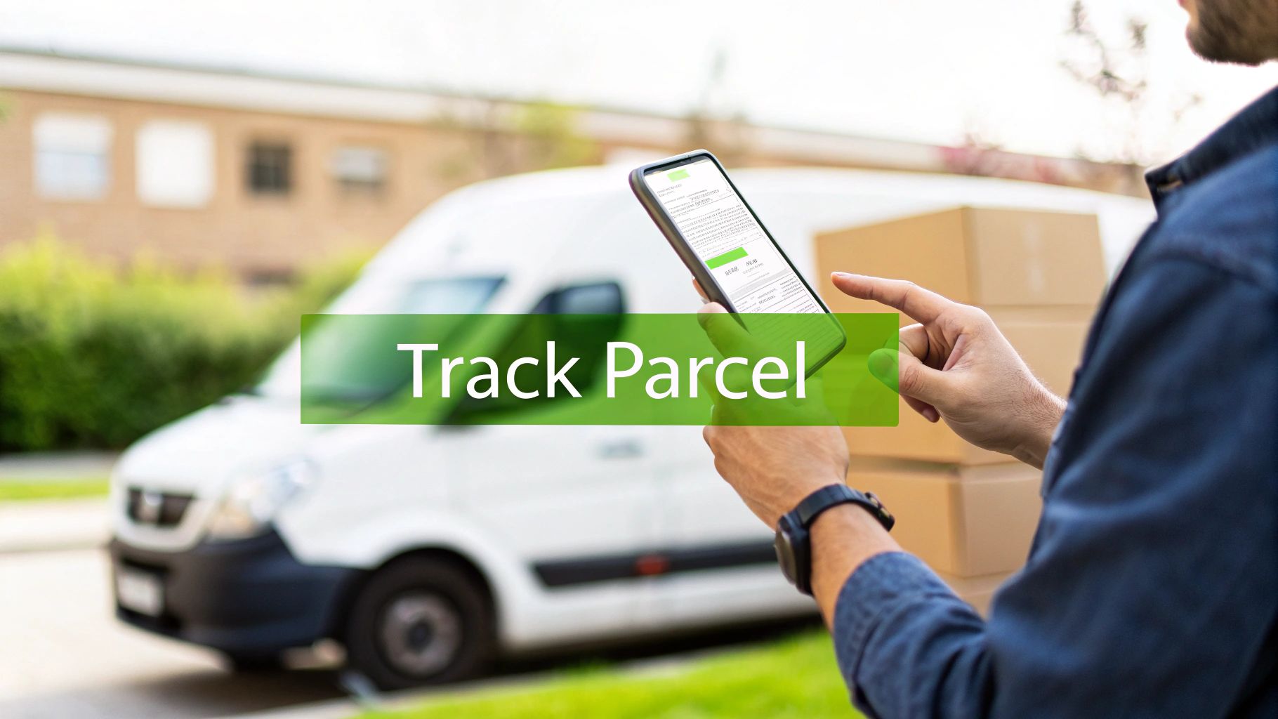 A delivery driver uses a smartphone app to track parcels, with a delivery van and boxes.