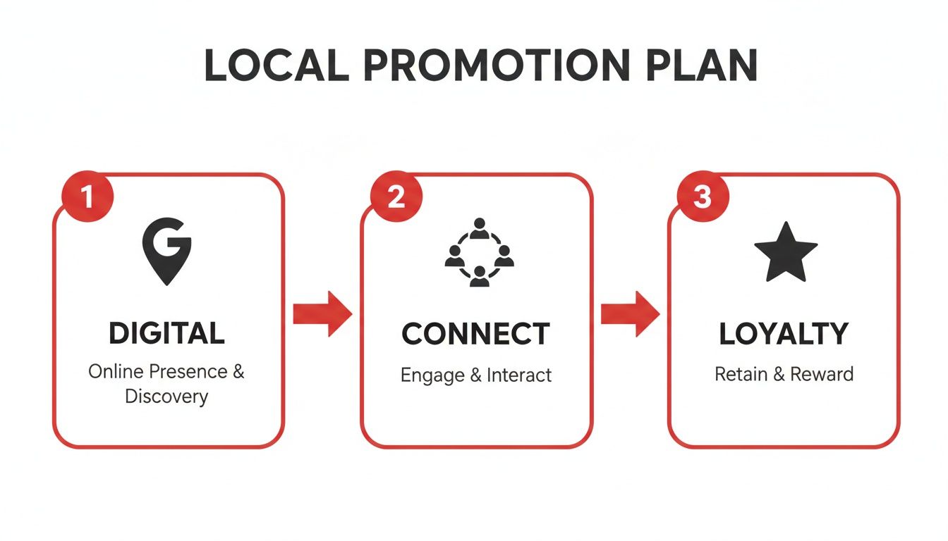 Infographic details a three-step local business promotion plan: Digital, Connect, Loyalty, with supporting icons and text.