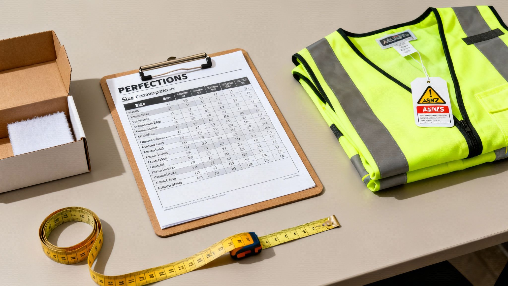 A high-visibility yellow safety vest, a size chart on a clipboard, and a measuring tape on a desk.