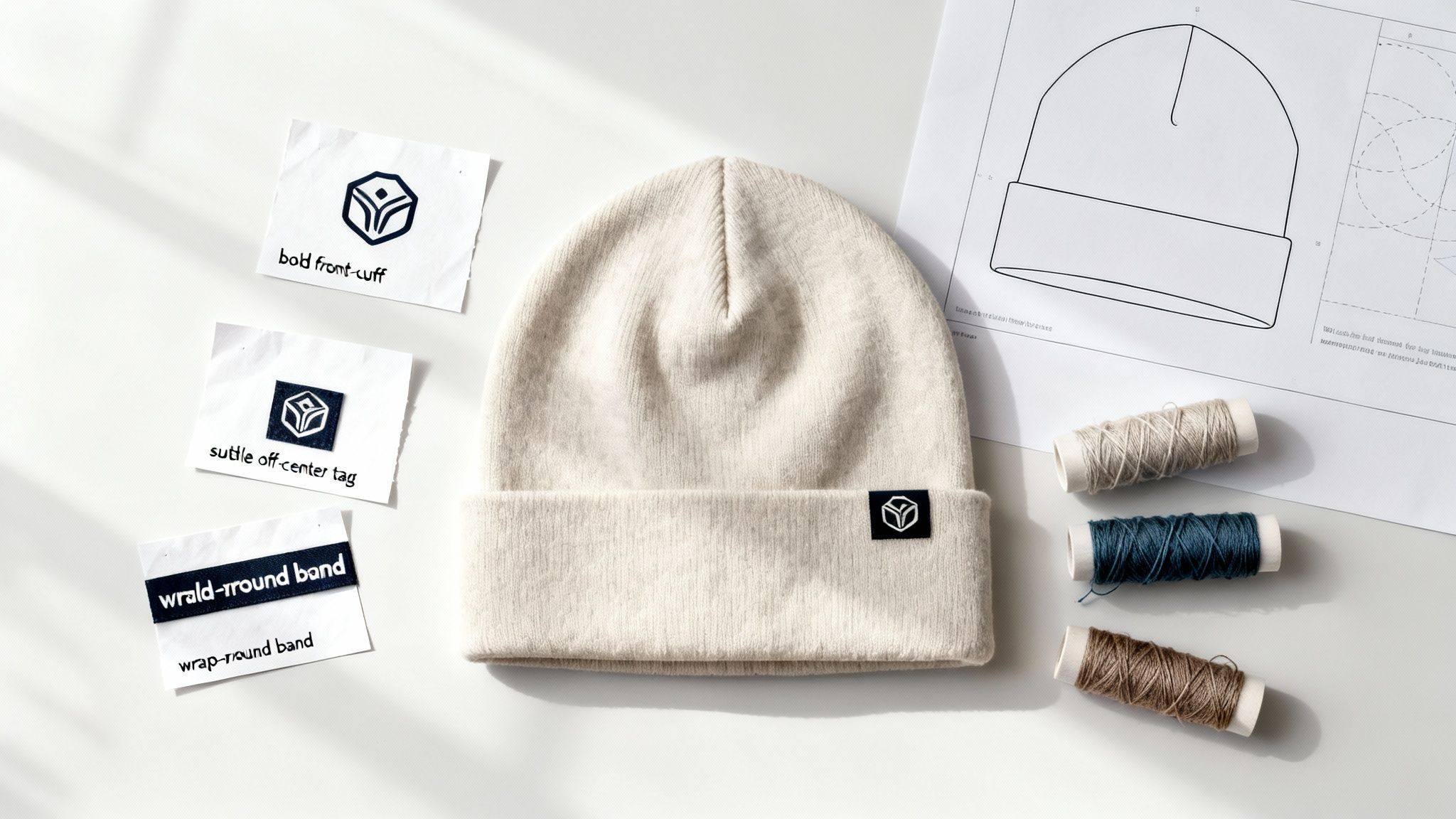 A beige knitted beanie with a black logo tag, surrounded by design concepts and thread spools on a white surface.