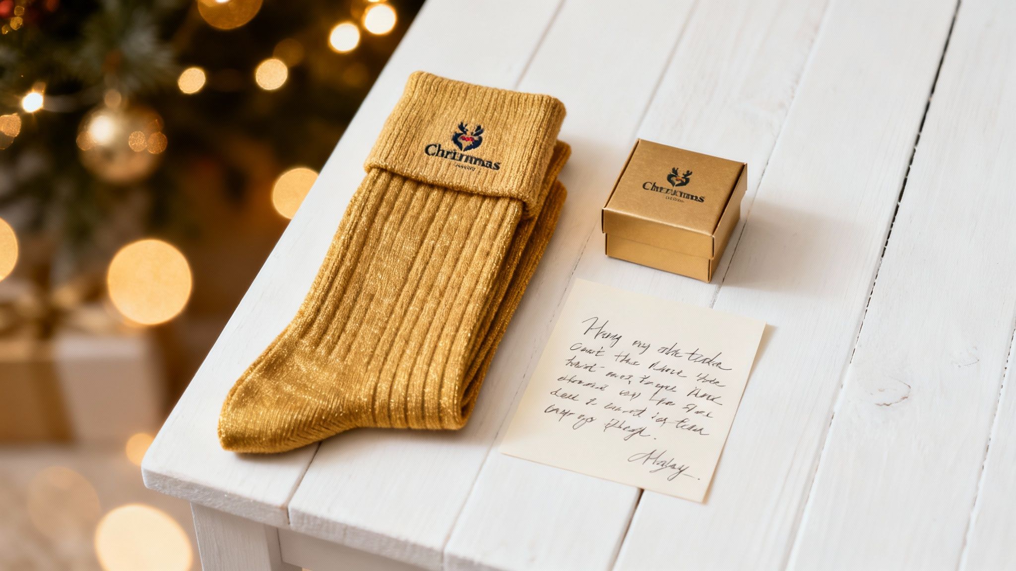 A person holding a pair of festive, personalised xmas socks in a gift box.