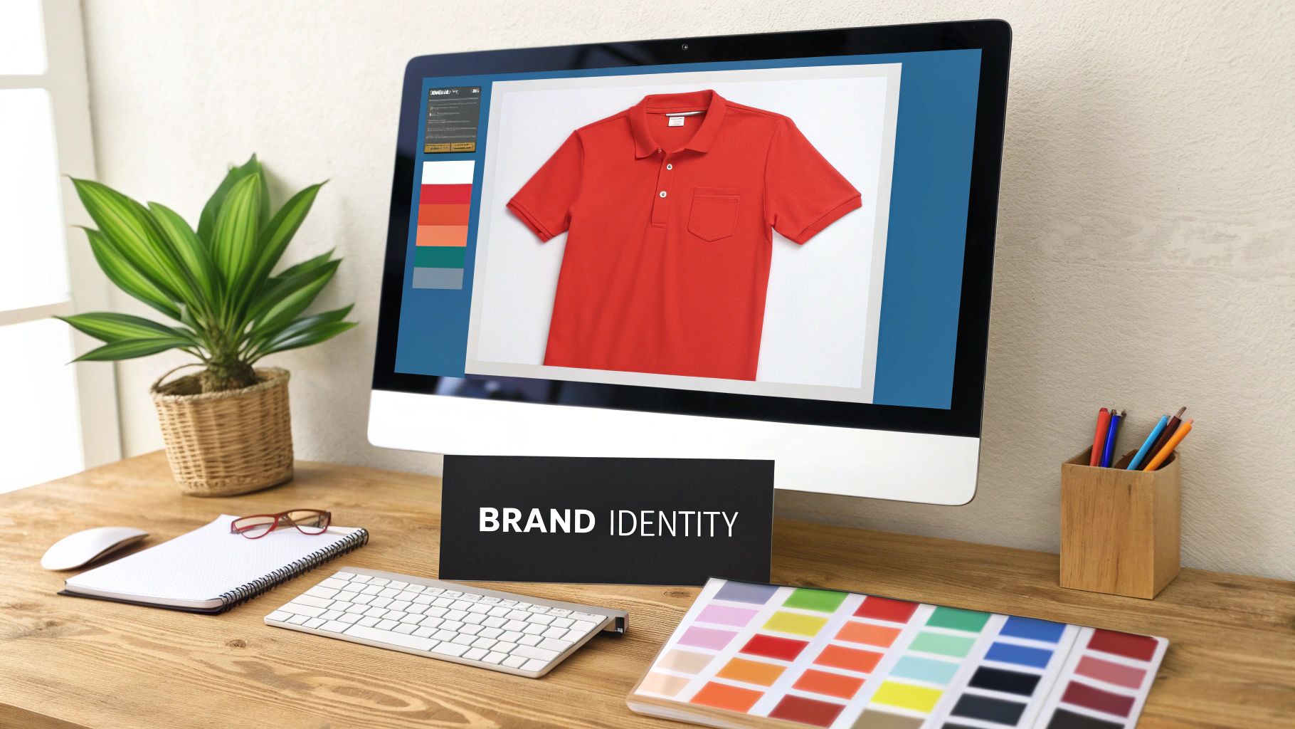 A close-up of a neatly folded stack of branded polo shirts, showcasing different colours and embroidered logos.