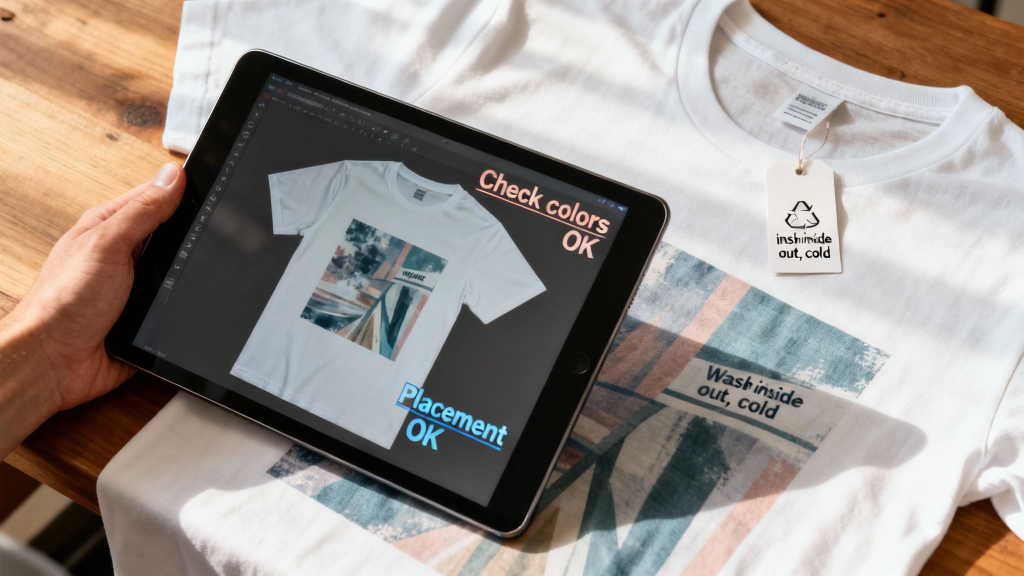 A person holds a tablet displaying a t-shirt design mockup, comparing it to a physical shirt.