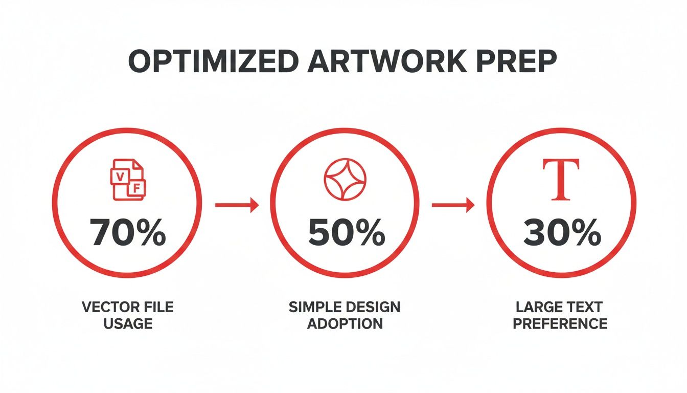 Diagram illustrating optimized artwork preparation with vector file usage, simple design, and large text preferences.