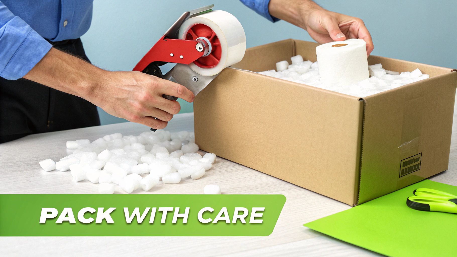 Person packing a cardboard box with white packing peanuts and a tape dispenser for shipping.