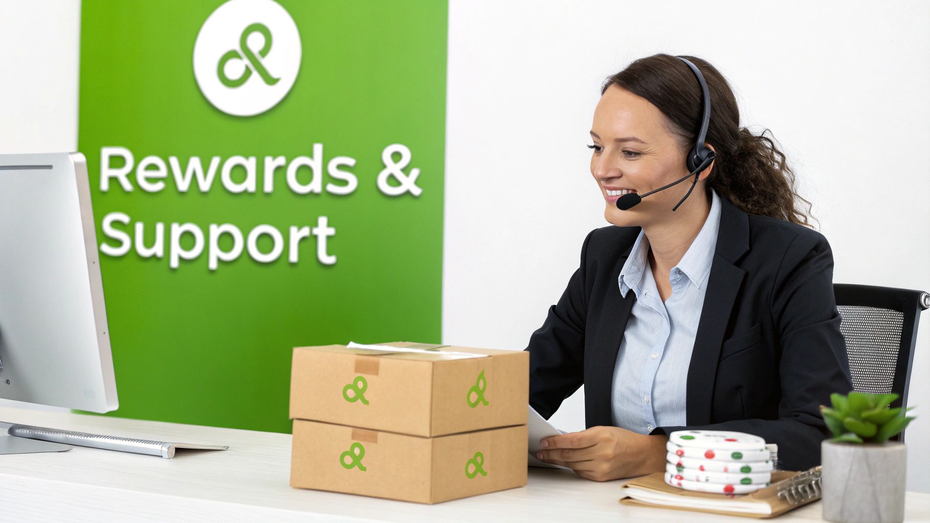 A smiling customer service representative wearing a headset at a desk with branded boxes and a monitor.