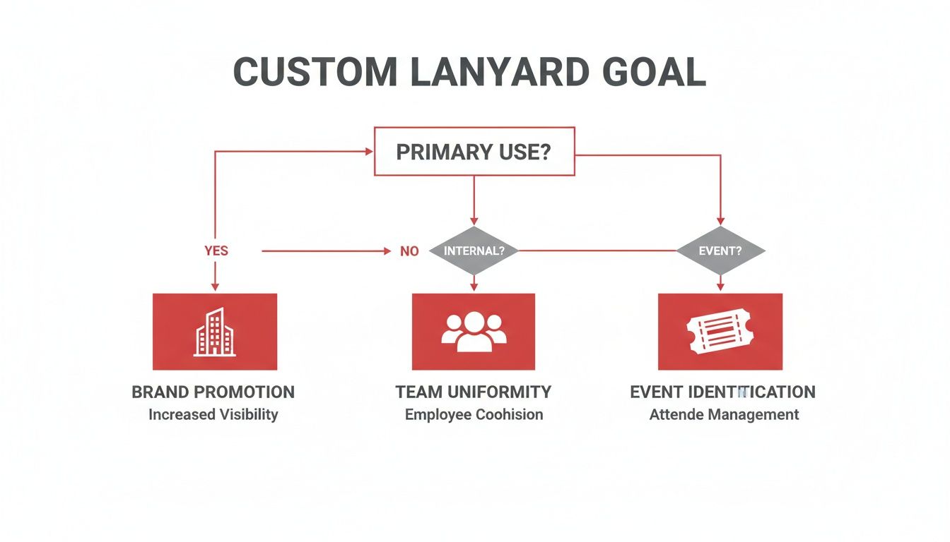 Flowchart outlining custom lanyard goals for brand promotion, team uniformity, or event identification.