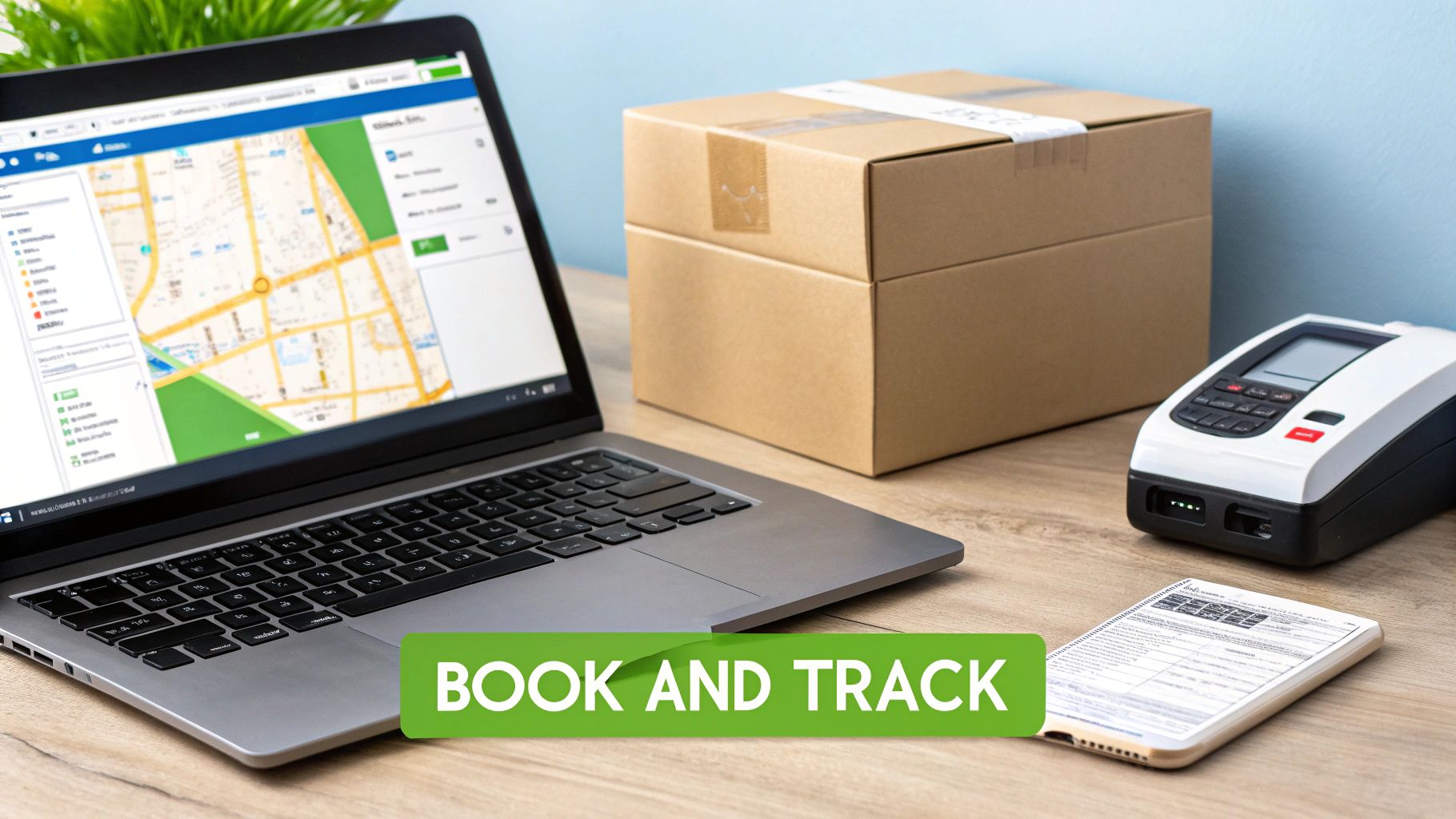 Logistics and delivery setup on a desk with a laptop showing a tracking map, a parcel box, and a payment terminal.
