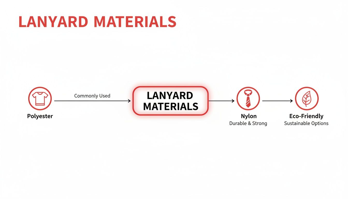 Flowchart illustrating different lanyard materials: Polyester, Nylon, and Eco-Friendly sustainable options.