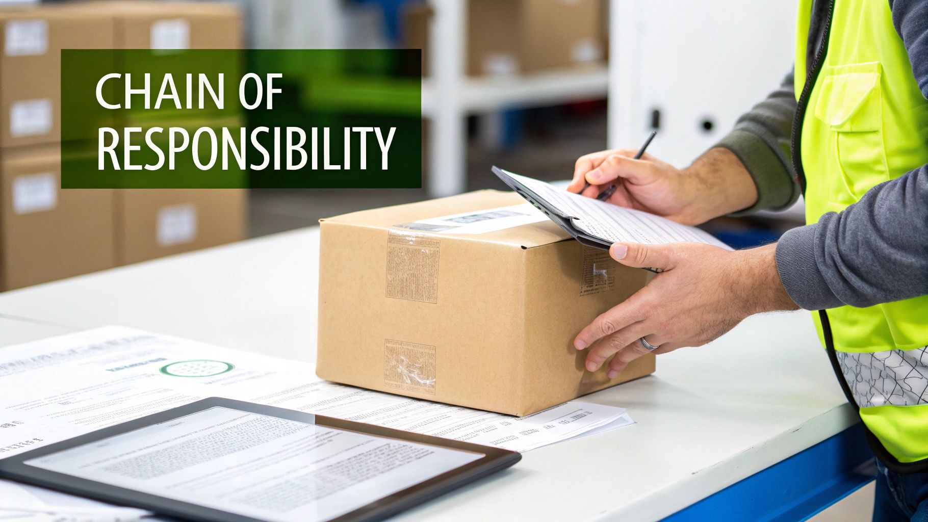 Logistics worker in a safety vest signs papers for a package, highlighting chain of responsibility.