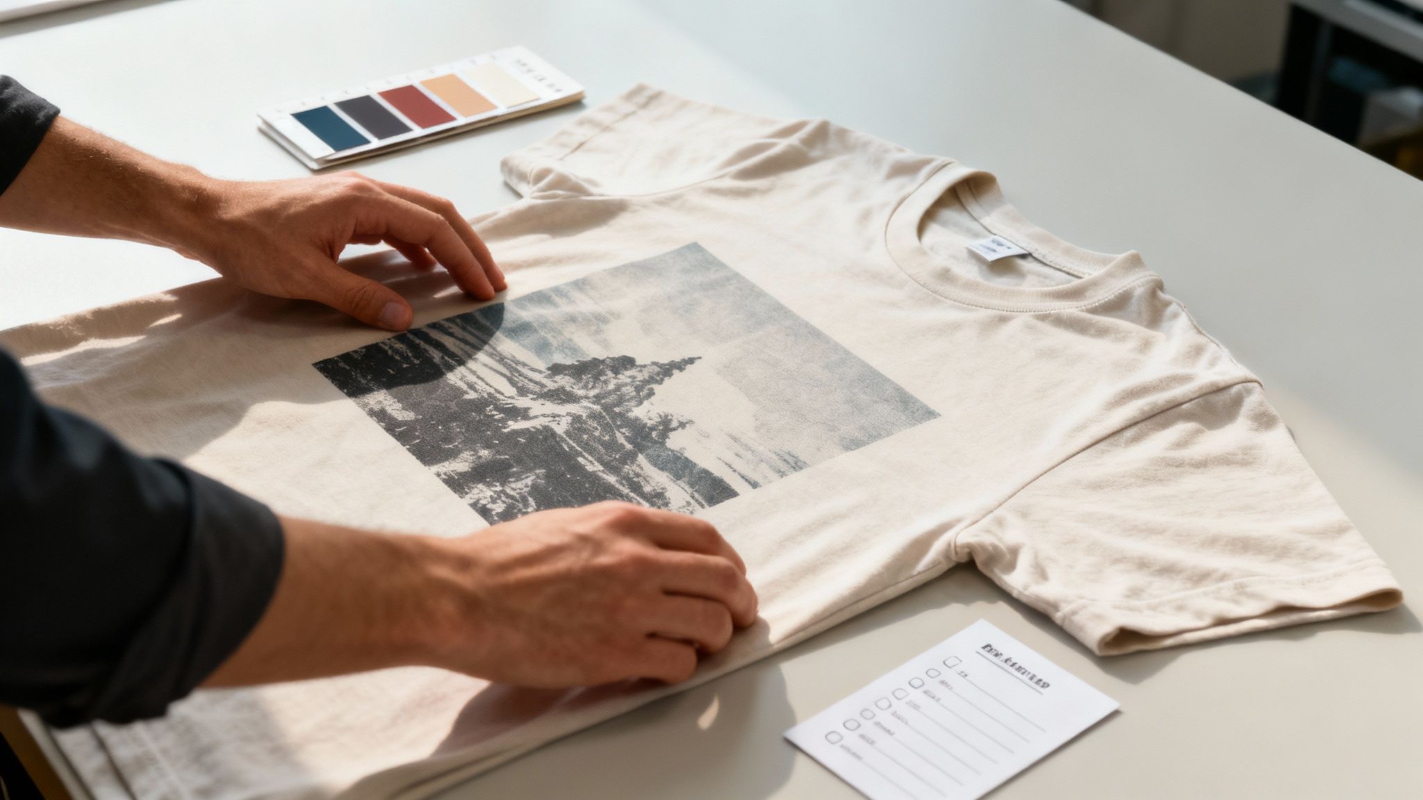 Hands adjusting a custom t-shirt with a mountain landscape graphic print, alongside color swatches.