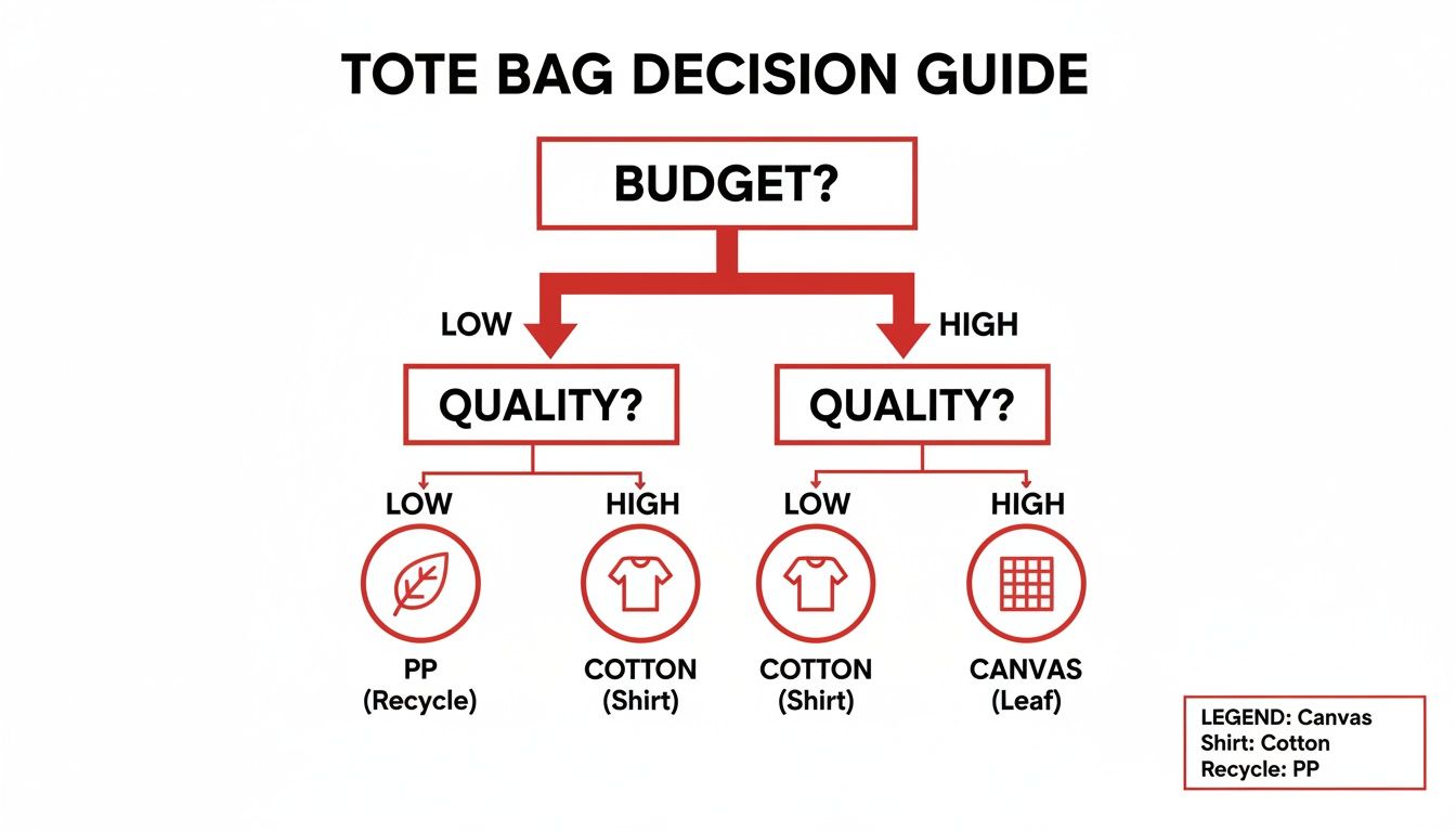 Tote bag decision guide flowchart showing material choices like PP, Cotton, and Canvas based on budget and quality.