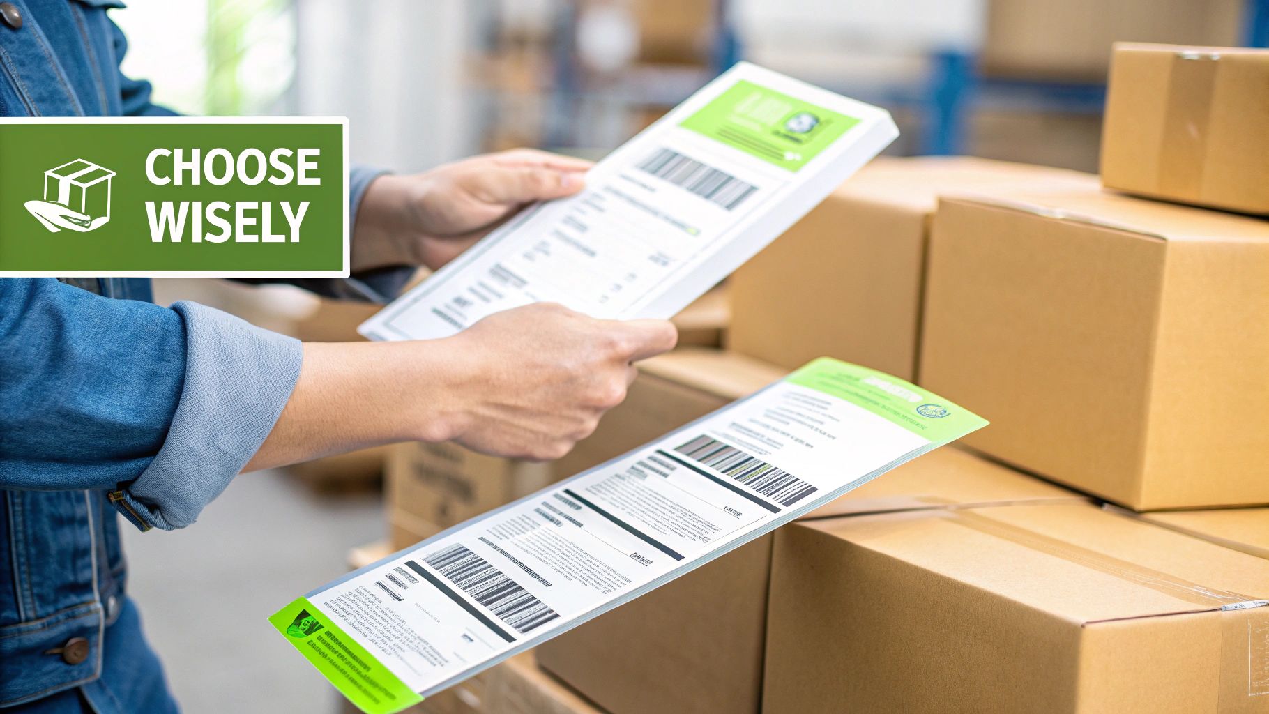 A person choosing between different shipping boxes on a table, symbolising the choice between courier services