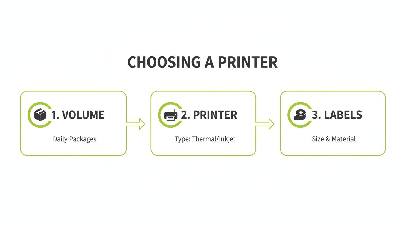 A flowchart titled 'Choosing a Printer' outlining steps for selecting a printer and labels.