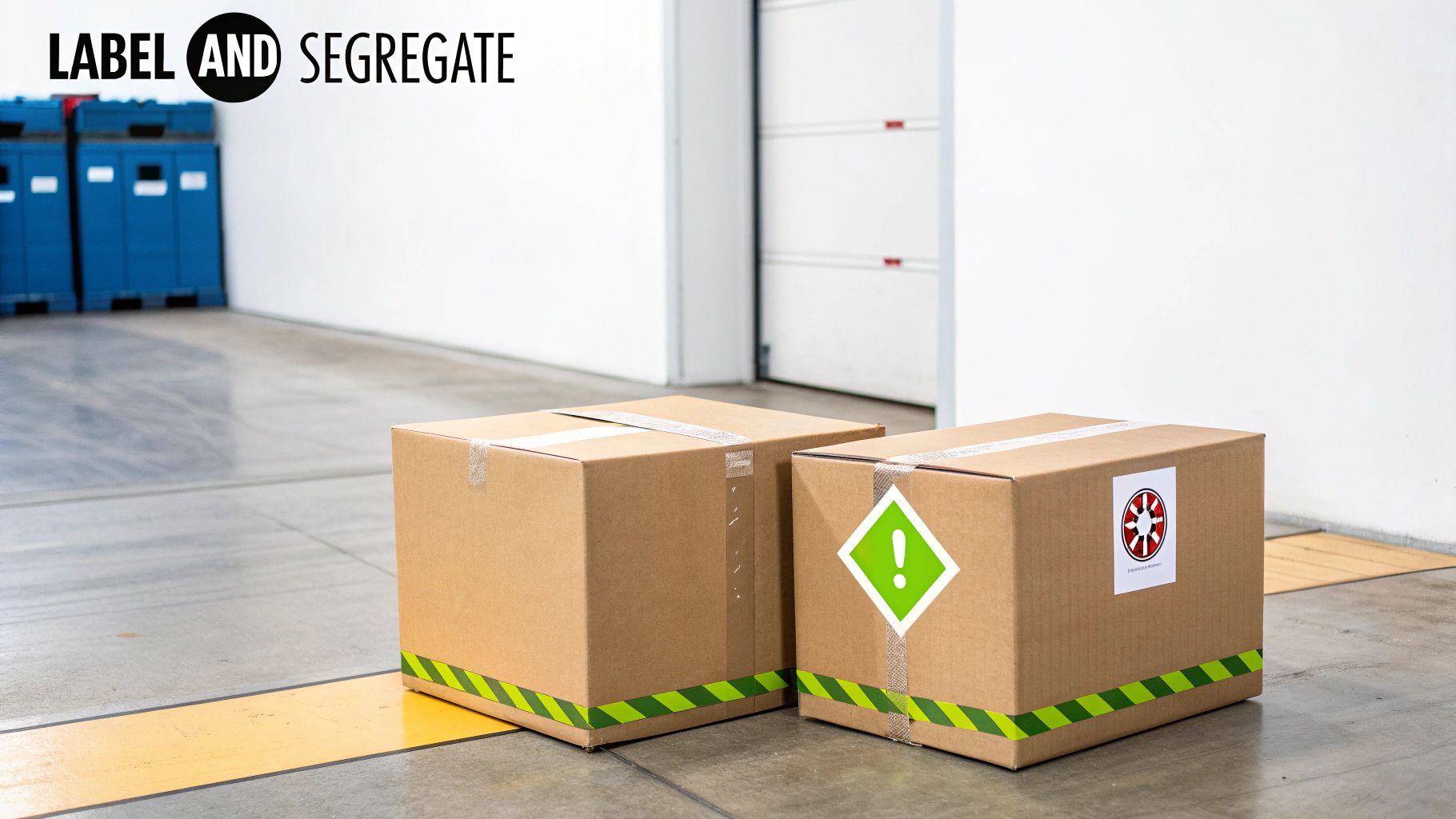 Brown cardboard boxes with hazard labels and warning tape on a warehouse floor.