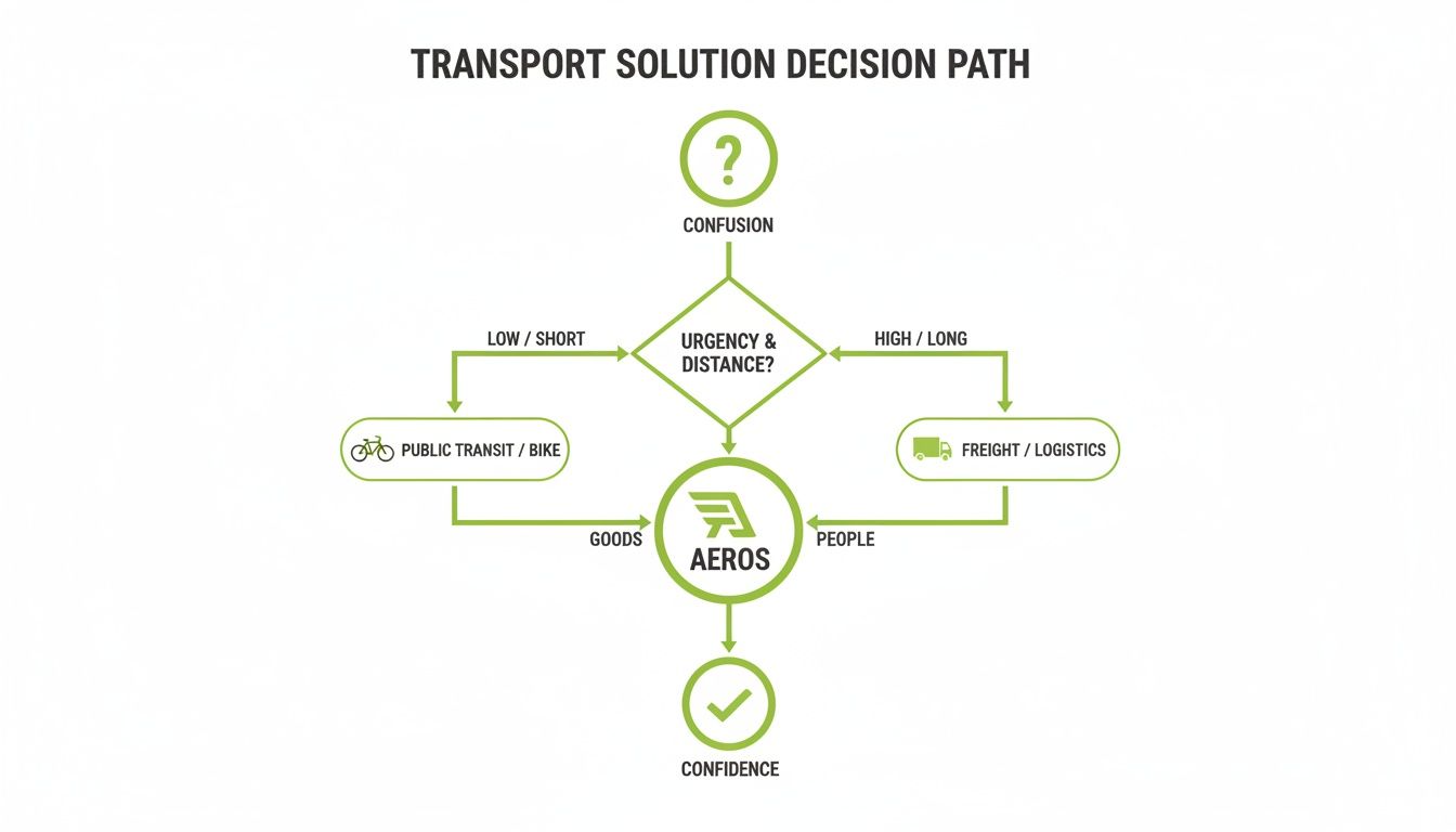 Flowchart illustrating a transport solution decision path based on urgency and distance, leading to various modes and AEROS, ending in confidence.