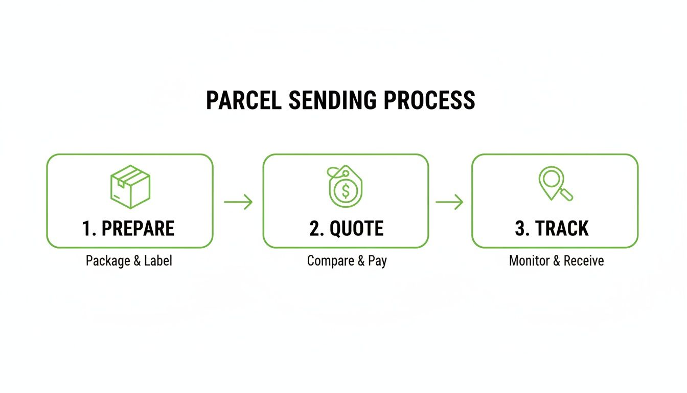 A three-step flowchart illustrating the parcel sending process: prepare, quote, and track.