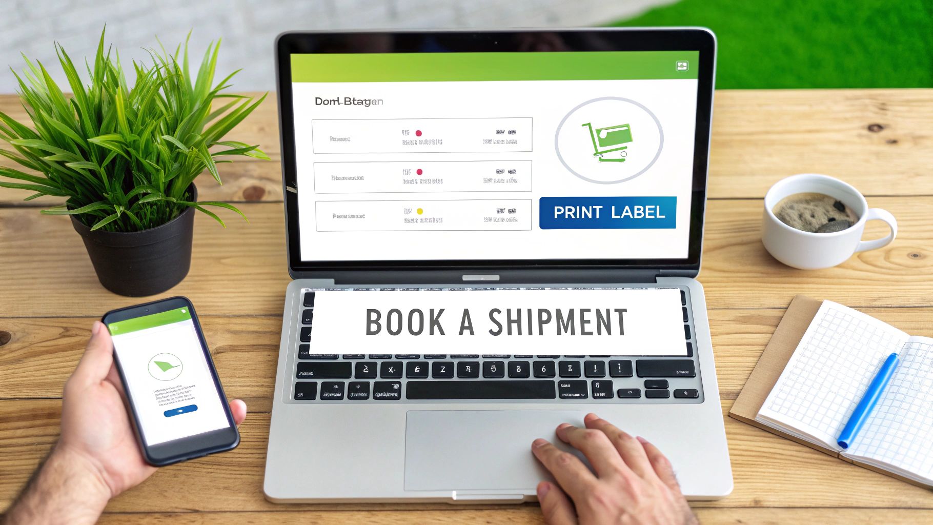Hands use a laptop with 'BOOK A SHIPMENT' and a phone for online delivery services.