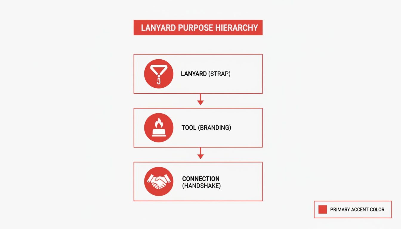 Hierarchical flowchart showing lanyard purpose evolution: strap, branding, and connection.
