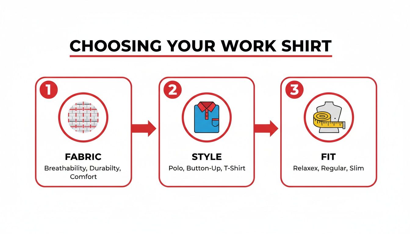 A flowchart illustrating three steps for choosing a work shirt: fabric, style, and fit.