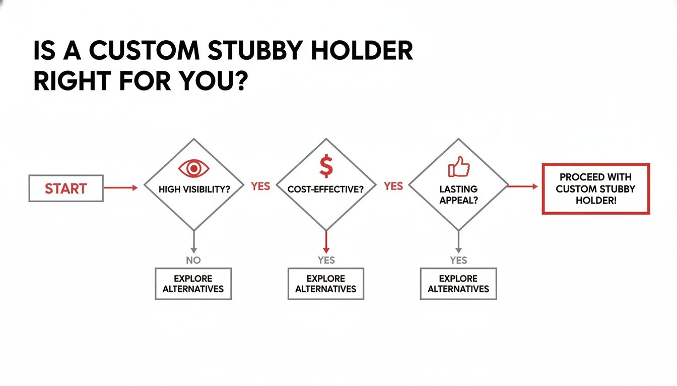 Decision-making flowchart for custom stubby holders, evaluating visibility, cost-effectiveness, and lasting appeal.