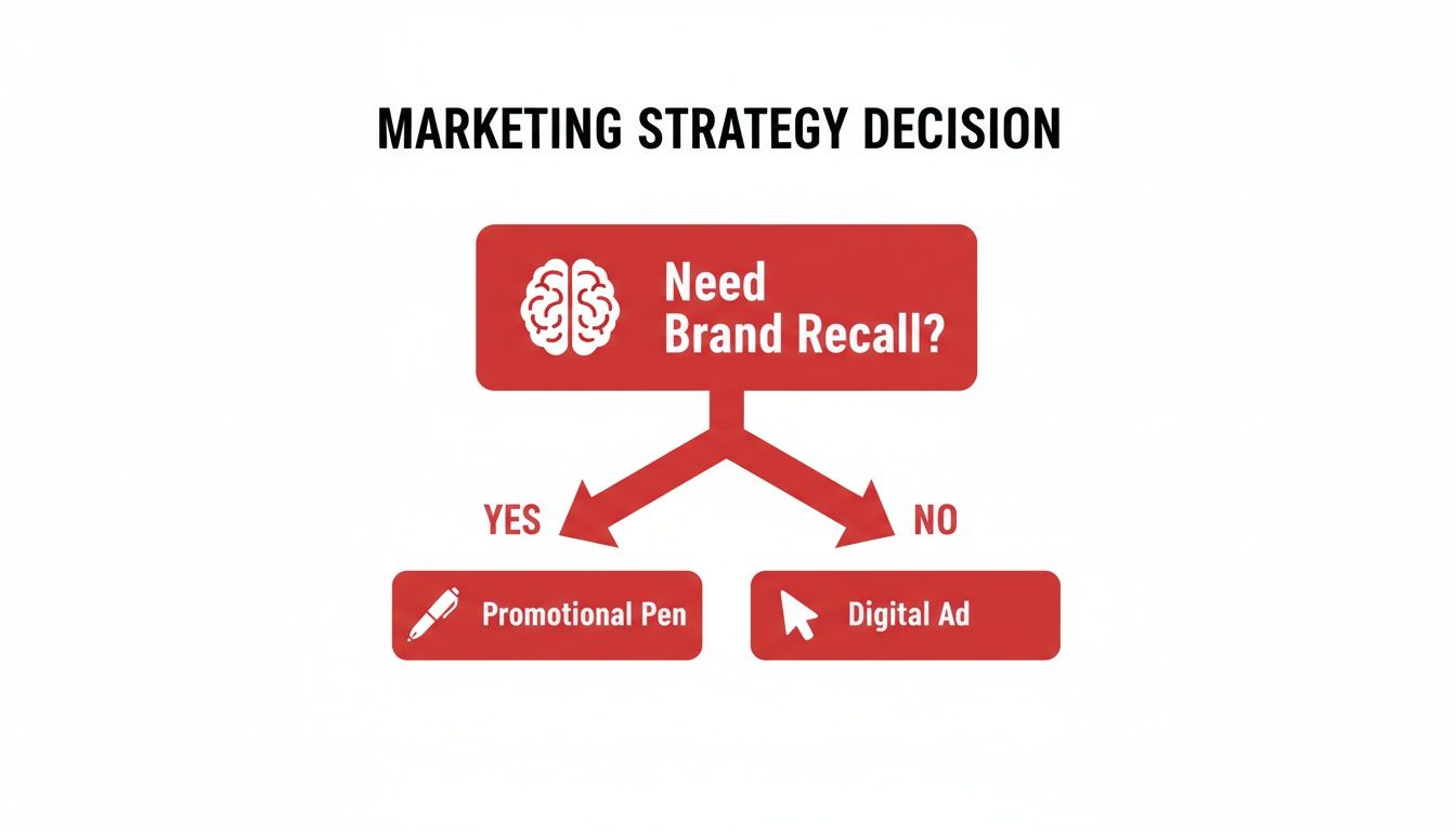 Marketing strategy flowchart recommending promotional pens for brand recall and digital ads.